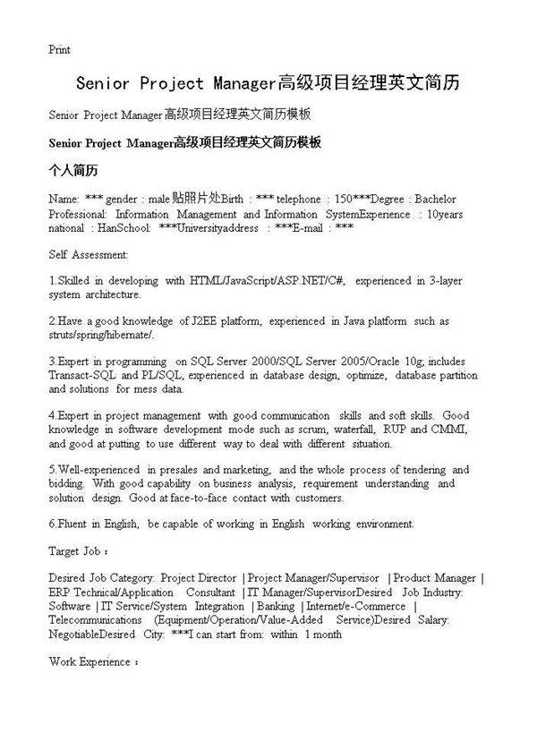 Senior Project Manager高级项目经理英文简历