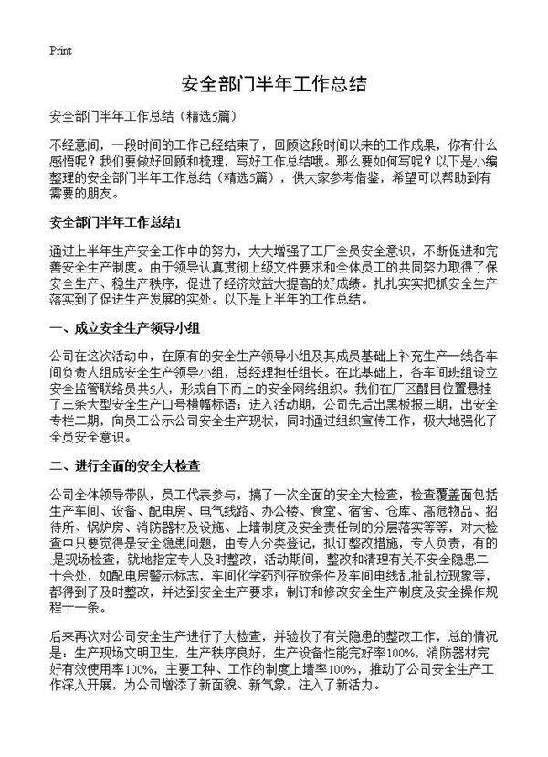 安全部门半年工作总结5篇