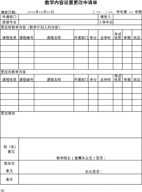 教学内容设置更改申请单