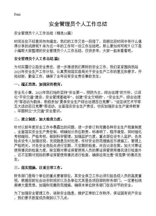 安全管理员个人工作总结16篇