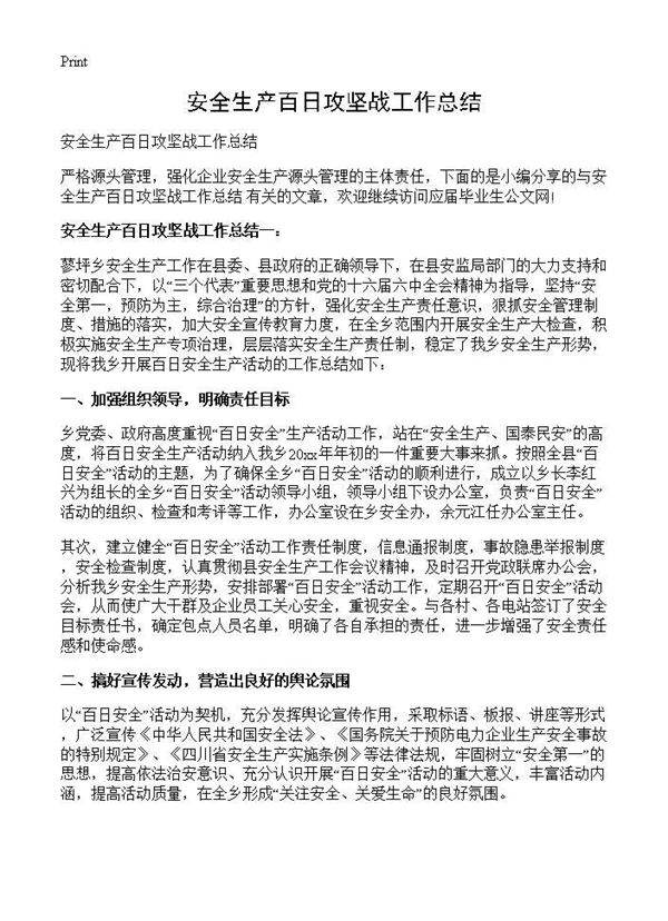 安全生产百日攻坚战工作总结