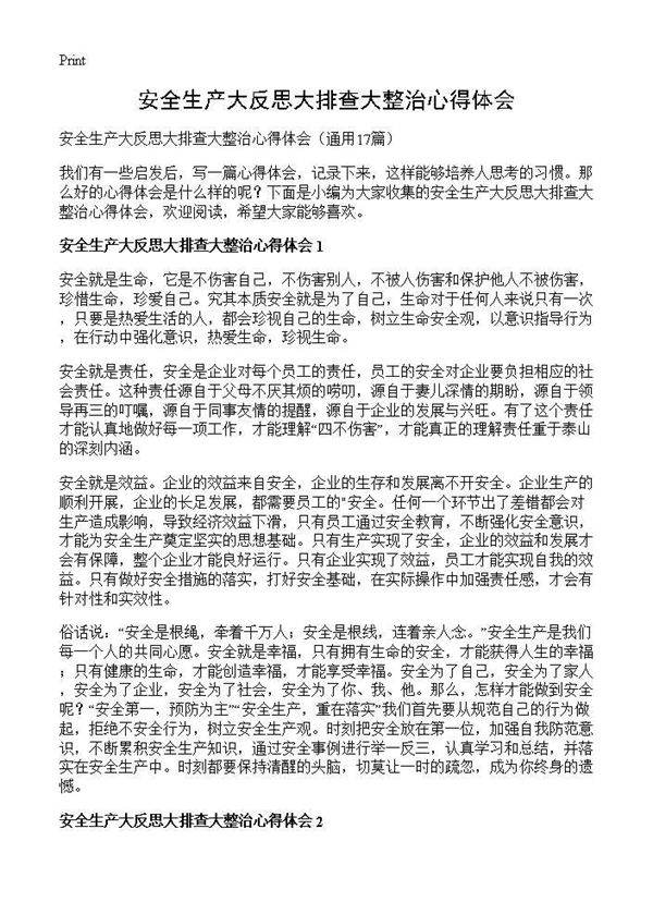 安全生产大反思大排查大整治心得体会17篇