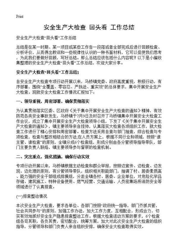 安全生产大检查回头看工作总结