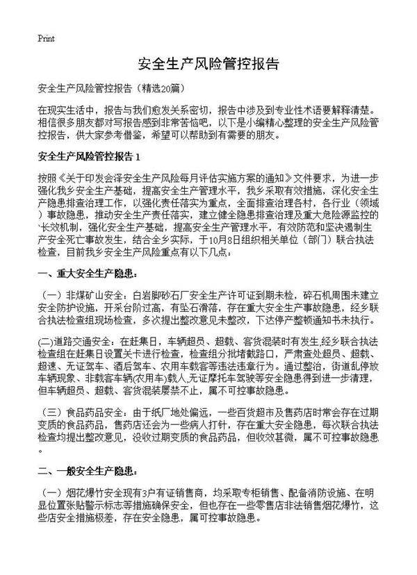 安全生产风险管控报告20篇