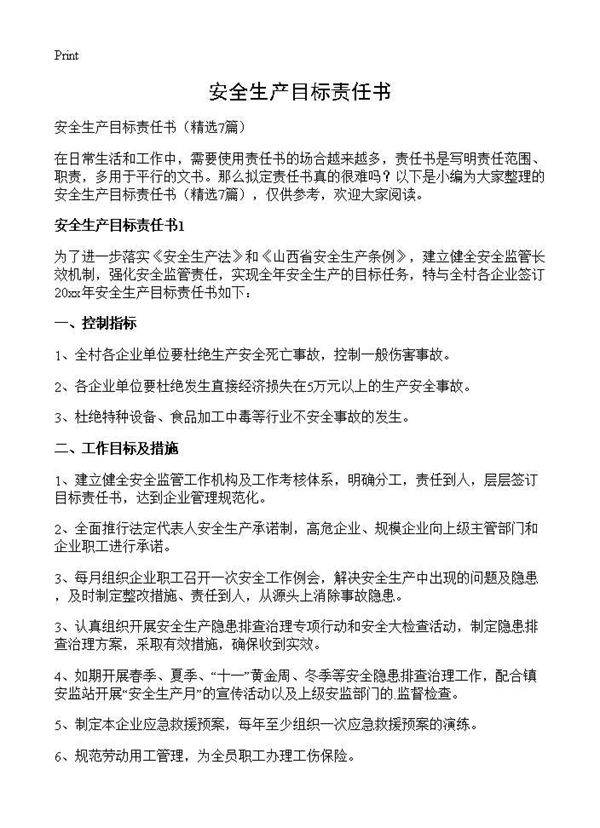 安全生产目标责任书7篇