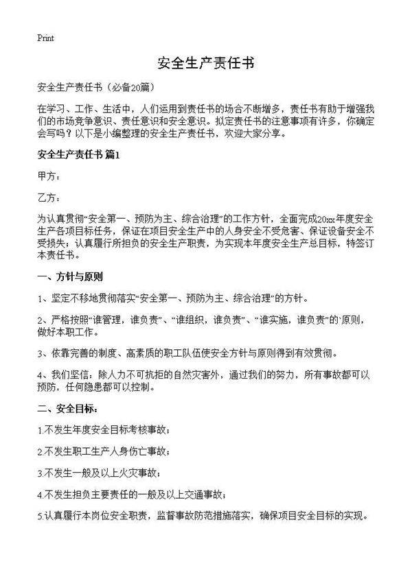安全生产责任书20篇