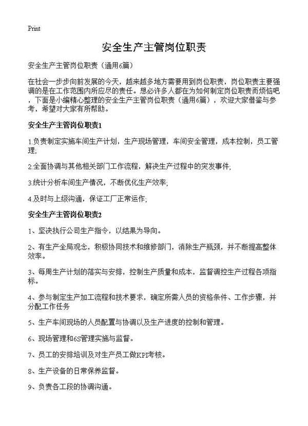 安全生产主管岗位职责6篇