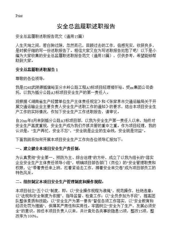 安全总监履职述职报告15篇