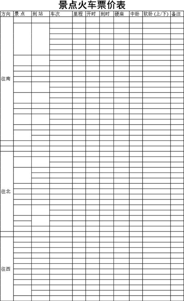 景点火车票价表模板