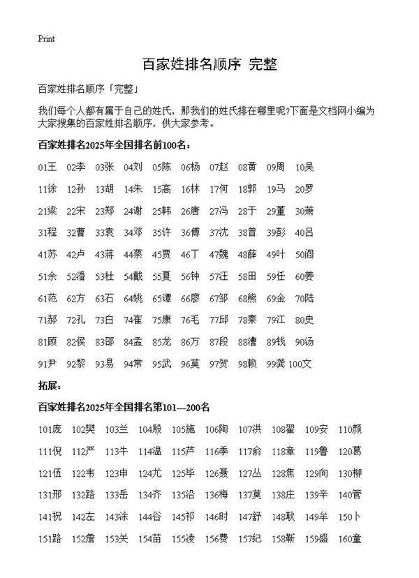 百家姓排名顺序完整