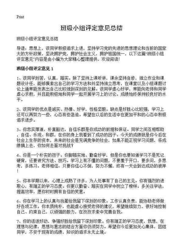 班级小组评定意见总结