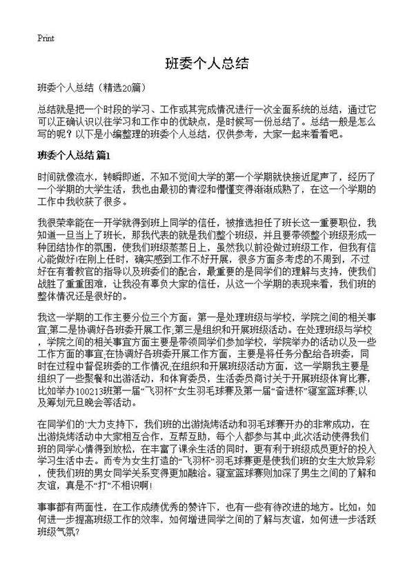班委个人总结20篇