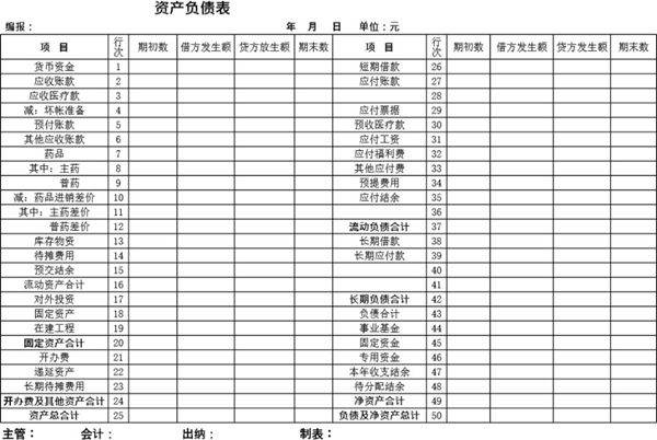 民营医院资产负债表格模板