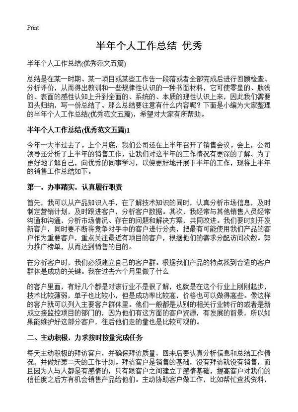 半年个人工作总结(优秀)