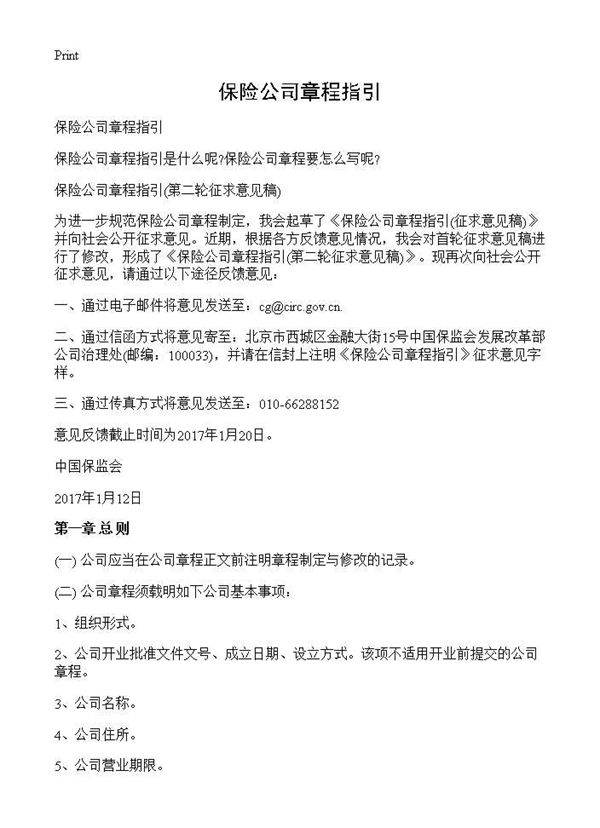 保险公司章程指引