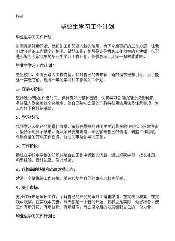 毕业生学习工作计划