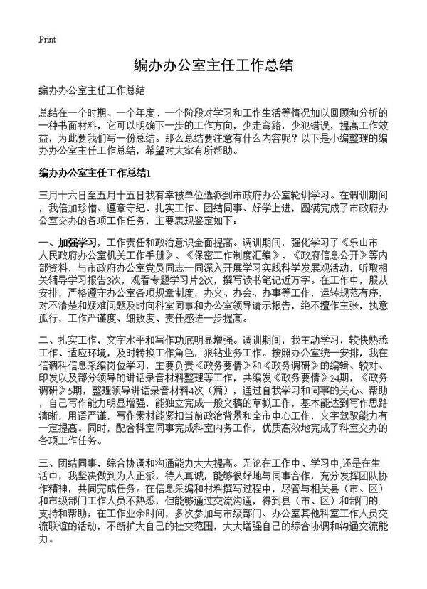 编办办公室主任工作总结