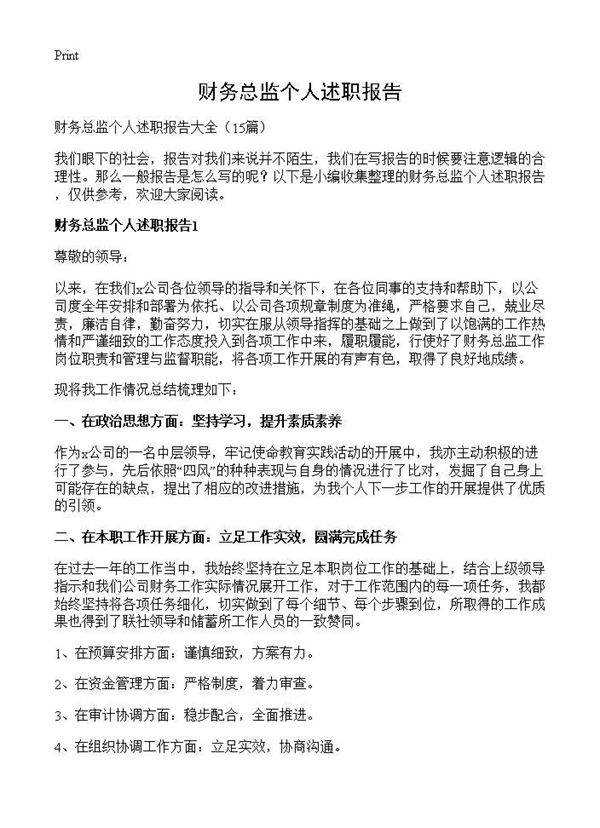 财务总监个人述职报告15篇