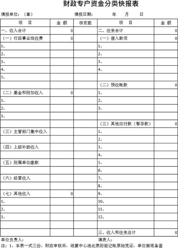 财政专户资金分类快报表