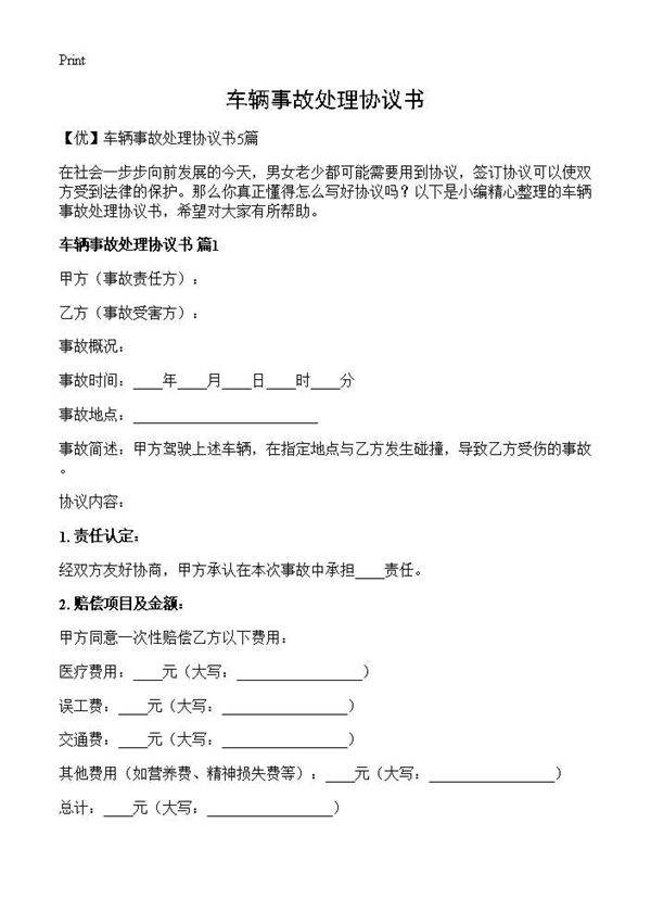 车辆事故处理协议书