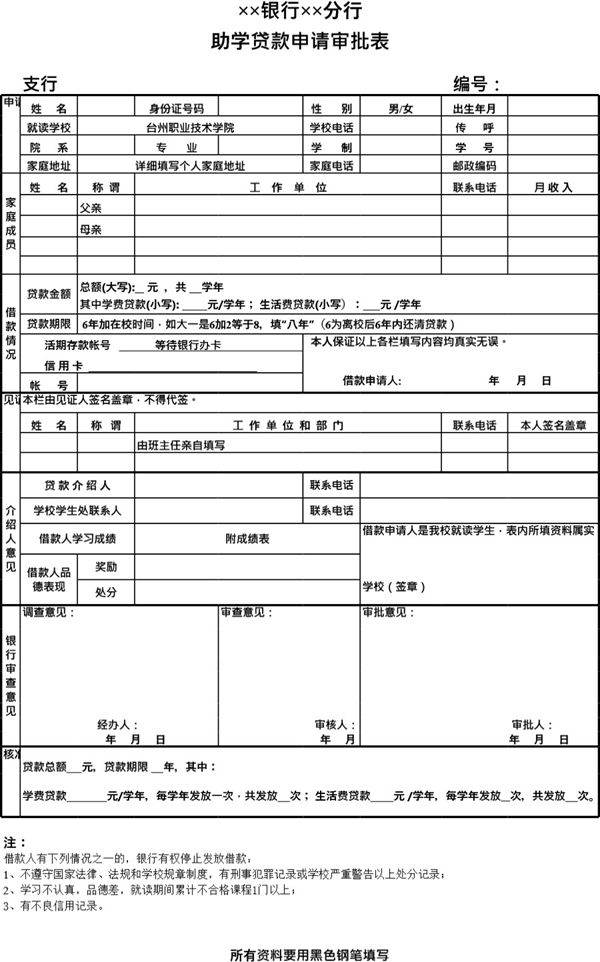 银行助学贷款申请审批表模板