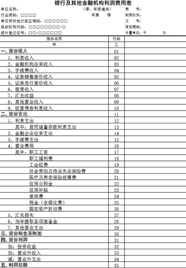 银行及其他金融机构利润费用表模板