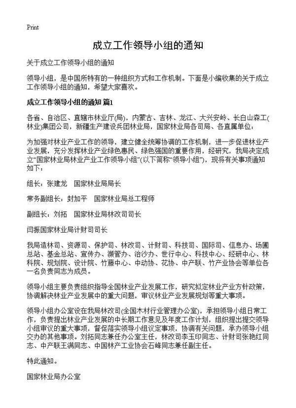 成立工作领导小组的通知