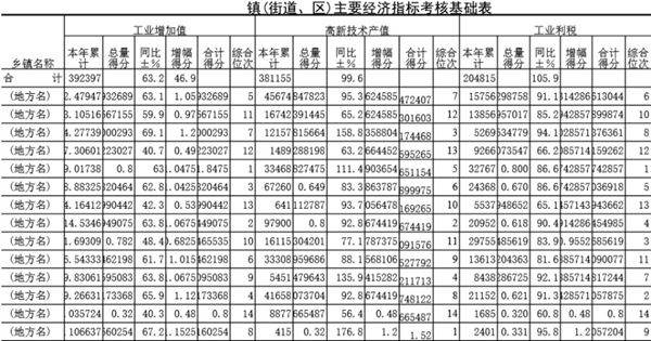 镇(街道 区)主要经济指标考核基础表模板