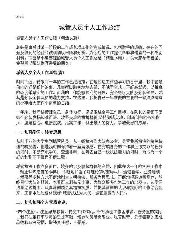 城管人员个人工作总结16篇