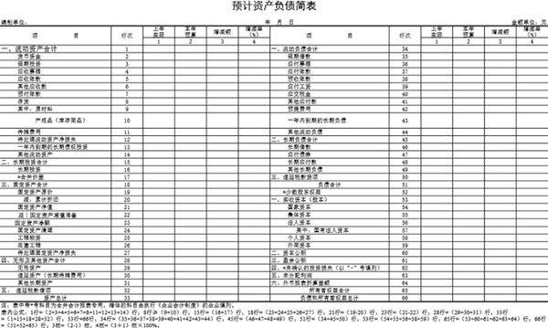 预计资产负债简表