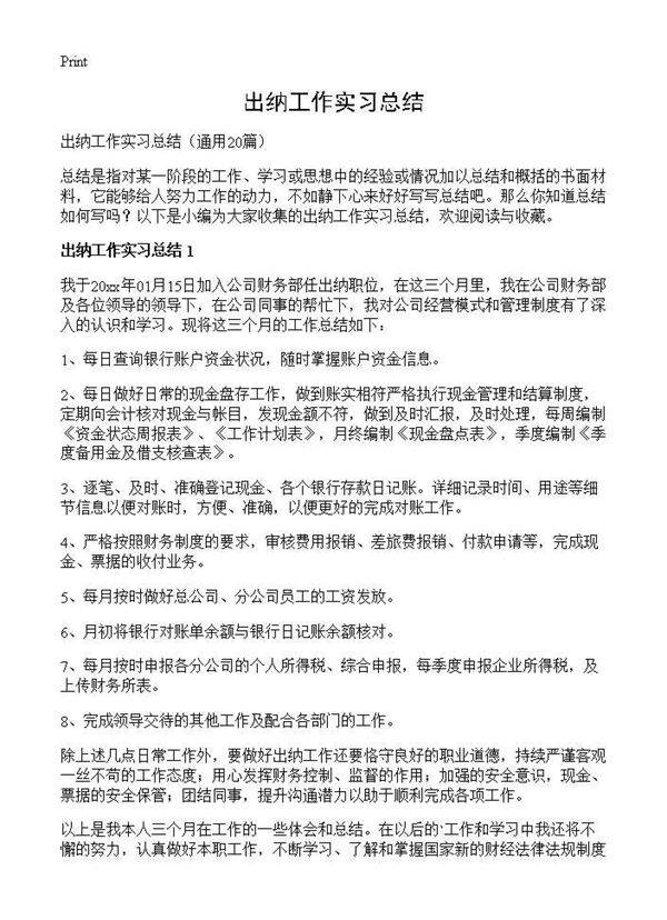 出纳工作实习总结20篇