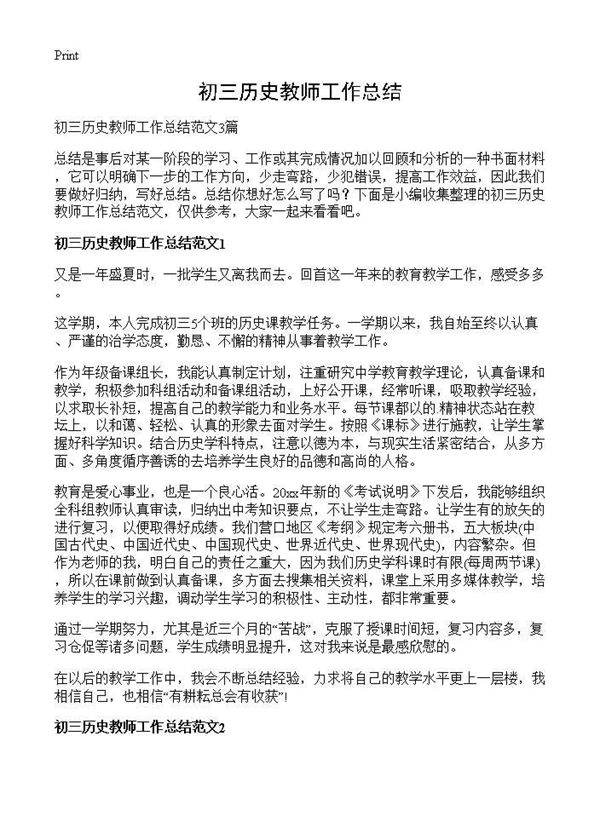 初三历史教师工作总结