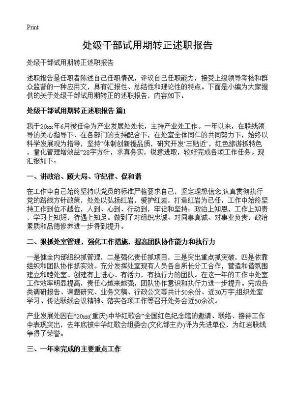 处级干部试用期转正述职报告