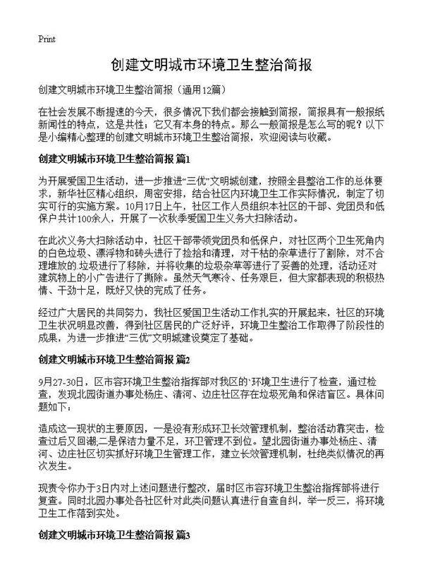 创建文明城市环境卫生整治简报12篇