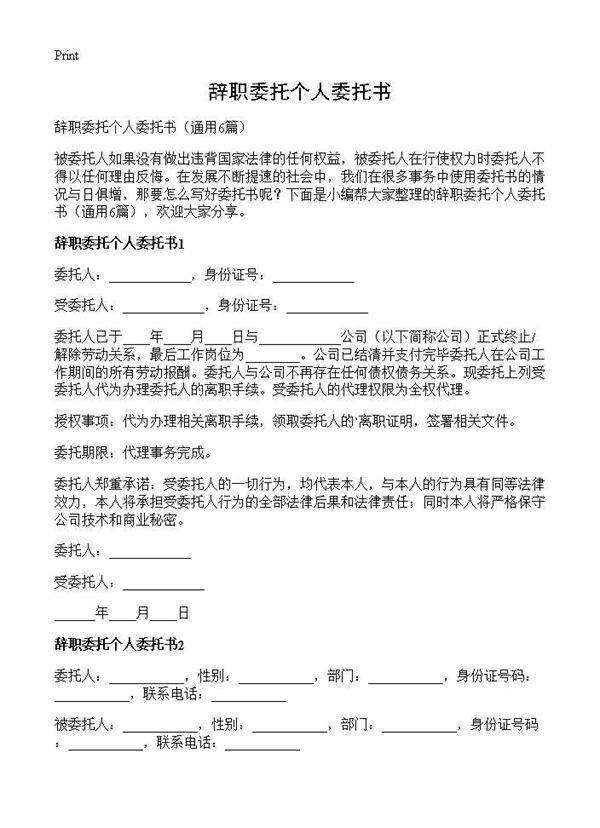 辞职委托个人委托书6篇
