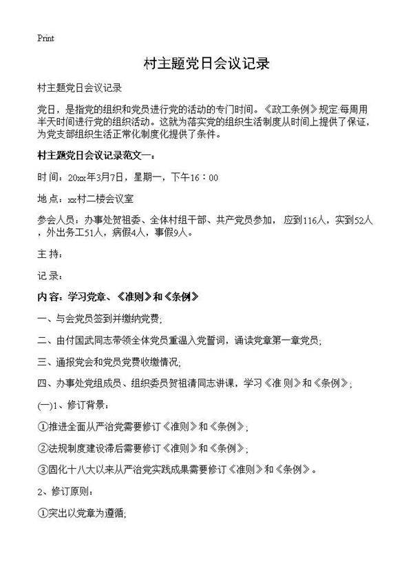 村主题党日会议记录