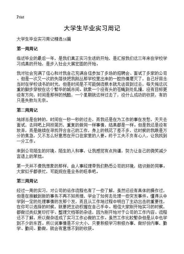 大学生毕业实习周记