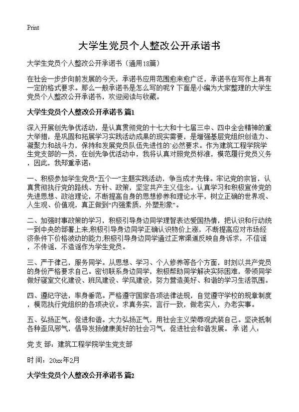 大学生党员个人整改公开承诺书18篇