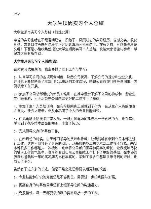 大学生顶岗实习个人总结20篇