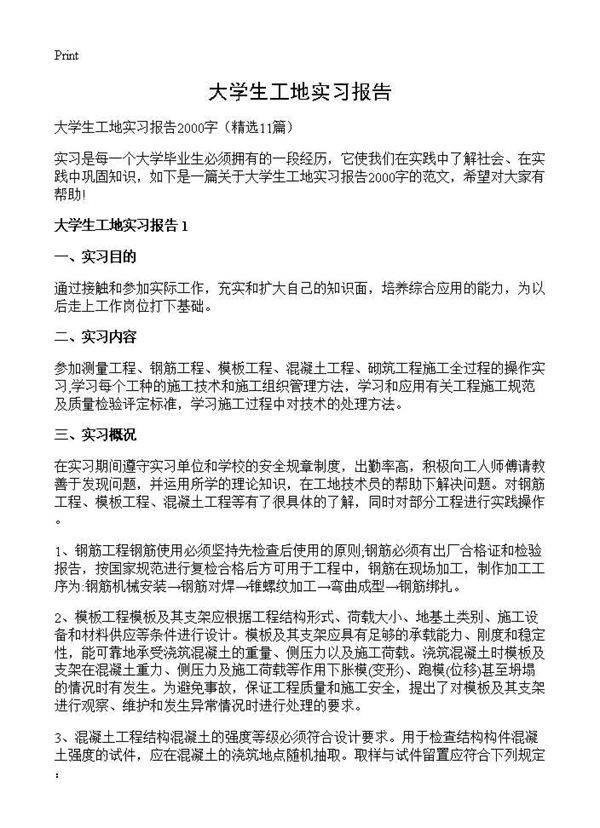 大学生工地实习报告11篇
