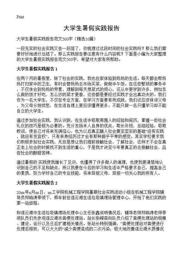 大学生暑假实践报告10篇