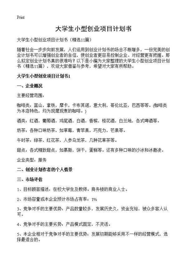 大学生小型创业项目计划书11篇