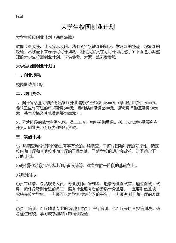 大学生校园创业计划20篇