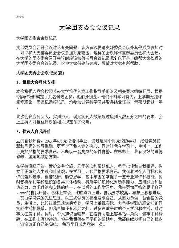 大学团支委会会议记录
