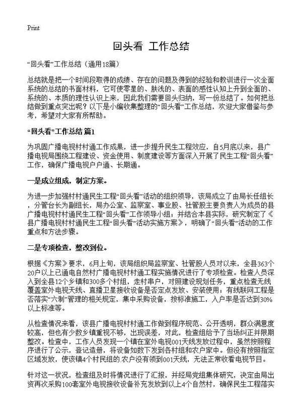 回头看工作总结18篇