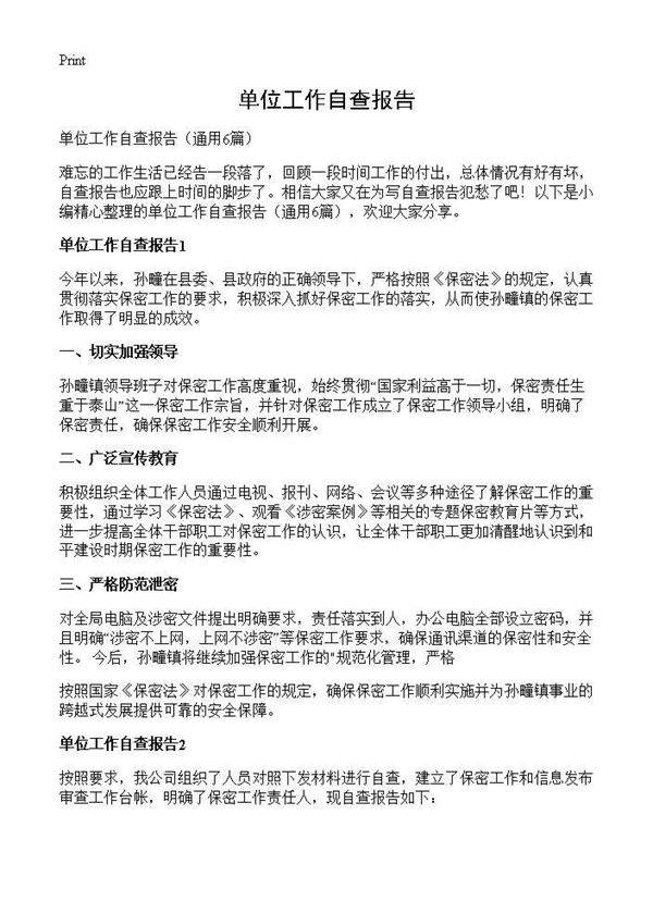 单位工作自查报告6篇