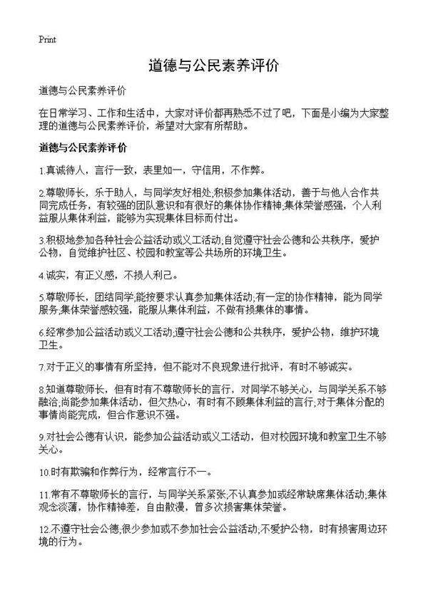 道德与公民素养评价