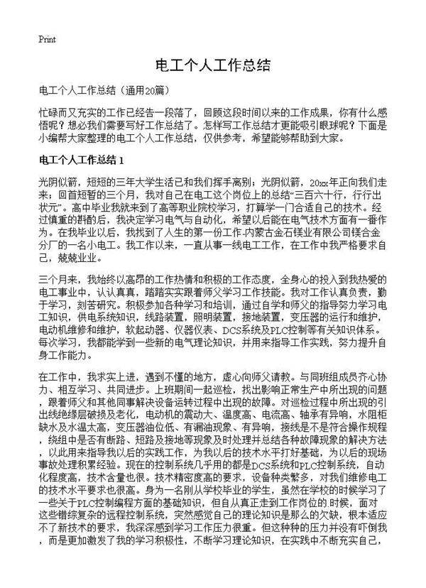 电工个人工作总结20篇