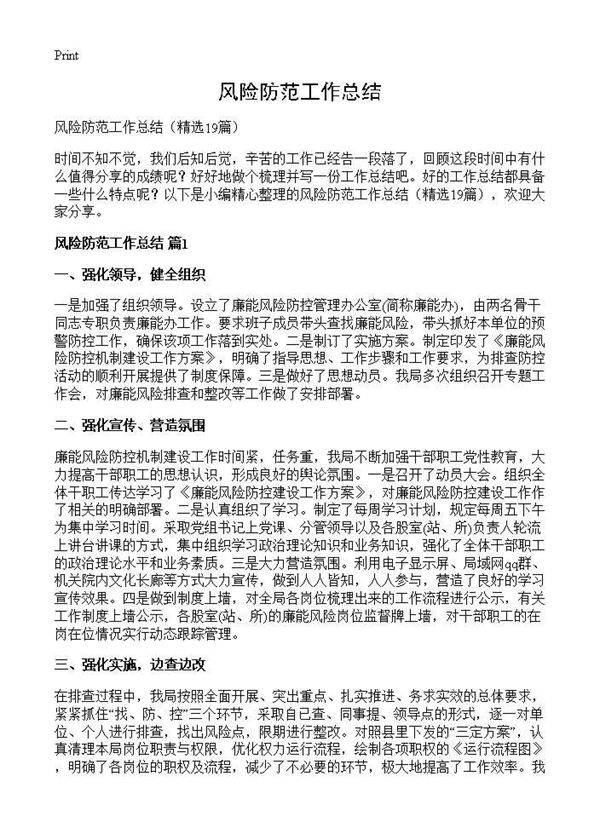 风险防范工作总结19篇