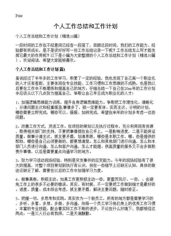 个人工作总结和工作计划10篇